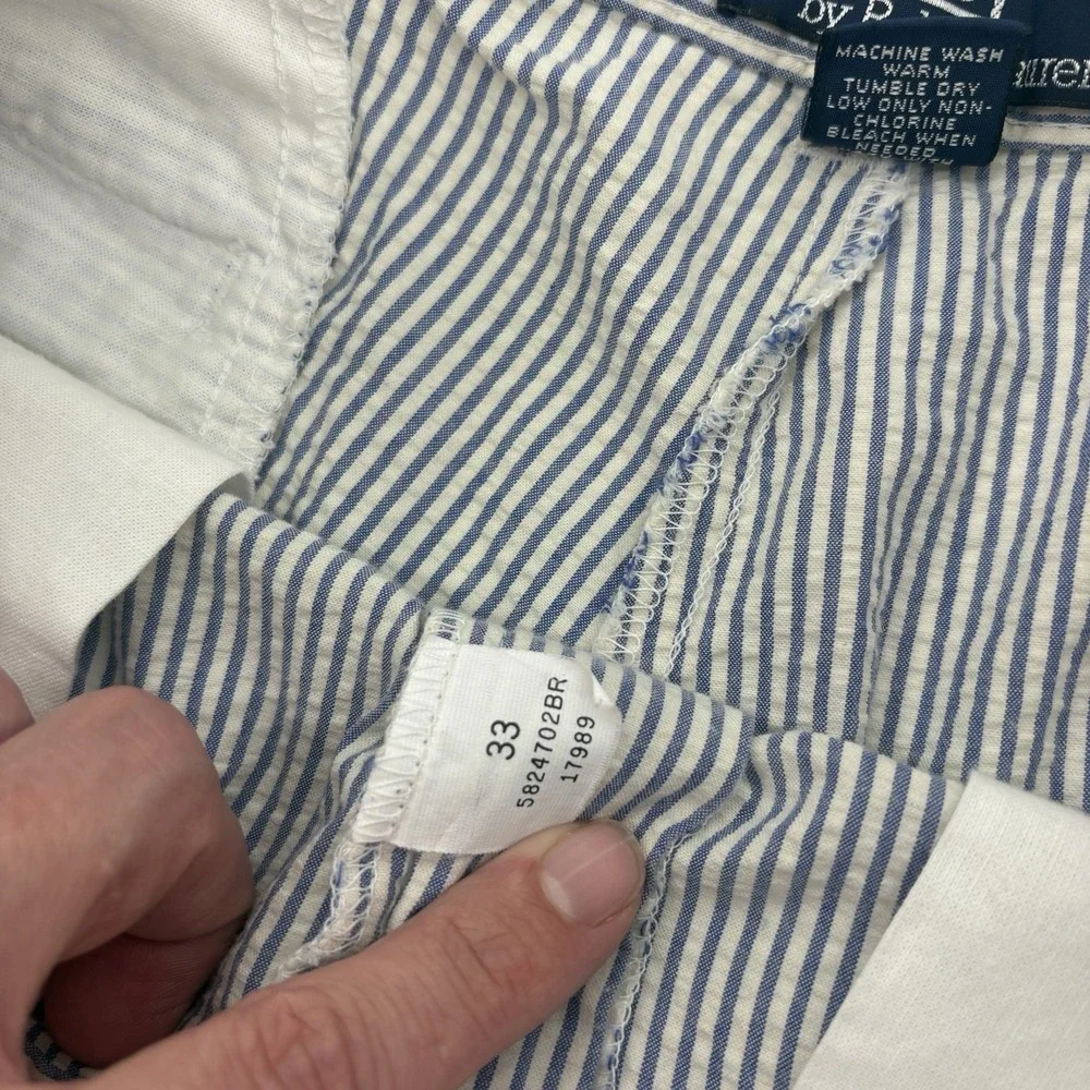Polo Ralph Lauren Men 33 White‎ Blue Seersucker Shorts Striped Pleated Golf